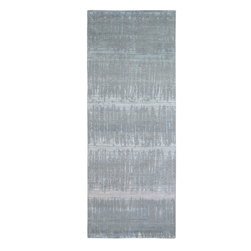 Hand Knotted Cardiac Design with Pastel Colors Textured Wool and Pure Silk Wide Runner Oriental Rug
