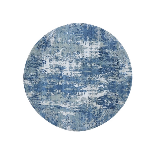 Round Abstract Design Wool and Pure Silk Blue Hand Knotted Denser Weave Oriental Rug