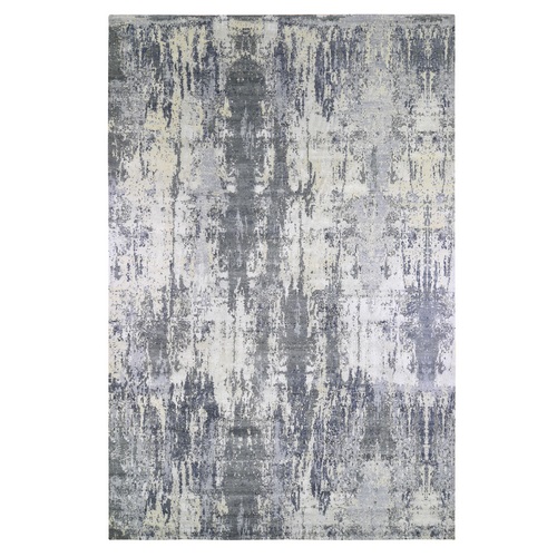 Oversized Abstract Design with Persian Knot Wool and Silk Denser Weave Charcoal Gray Hand Knotted Oriental Rug