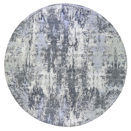 Abstract Design Wool and Silk Round Denser Weave Charcoal Gray Persian Knot Hand Knotted Oriental Rug