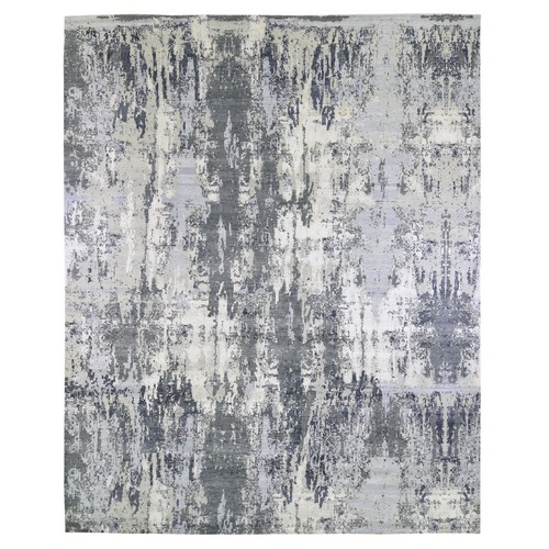 Oversized Abstract Design Wool and Silk Denser Weave Charcoal Gray Persian Knot Hand Knotted Oriental Rug