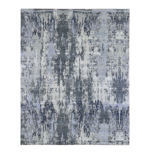Abstract Design Wool and Pure Silk Denser Weave Charcoal Gray Persian Knot Hand Knotted Oriental Rug
