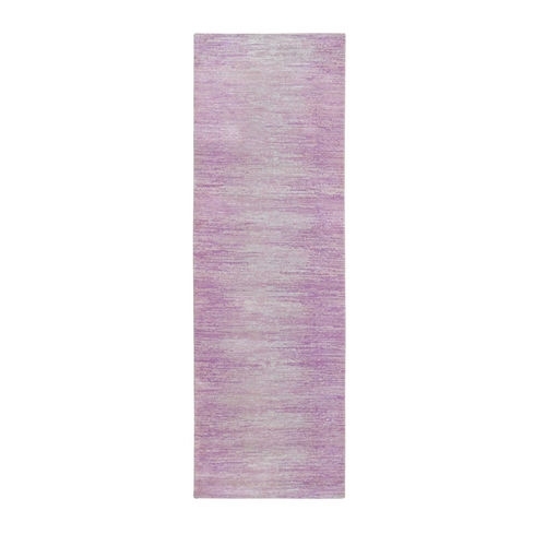 Pink Thick and Plush Organic Wool Only Horizontal Ombre Design Hand Knotted Runner Oriental Rug