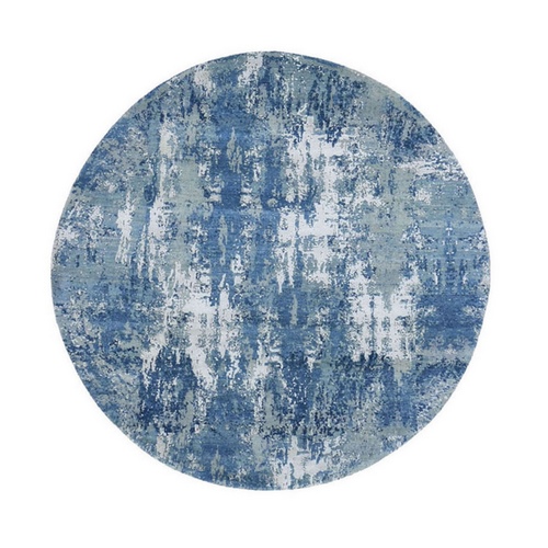 Round Abstract Design Wool and Pure Silk Blue Hand Knotted Denser Weave Oriental Rug