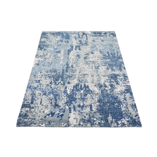 Shades of Blue Abstract Design Hi-low Pile Wool and Pure Silk Denser Weave Hand Knotted Oriental Rug