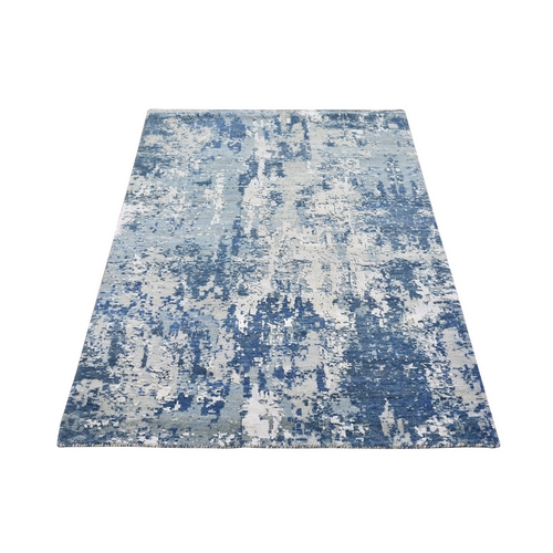 Blue Oceanic Abstract Design Hi-low Pile Wool and Pure Silk Denser Weave Hand Knotted Oriental Rug