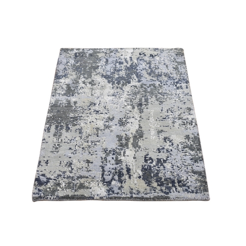 Abstract Design with Persian Knot Wool and Real Silk Denser Weave Gray Hand Knotted Oriental Rug