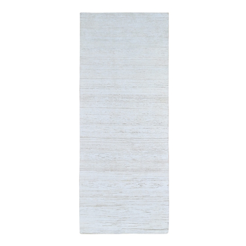 Ivory Silk with Textured Wool Tone on Tone Gabbeh Design Hand Knotted Hi-Low Pile Wide Runner Oriental Rug