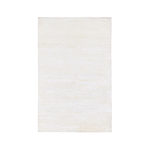Ivory Silk with Textured Wool Tone on Tone Gabbeh Design Hand Knotted Hi-Low Pile Oriental Rug