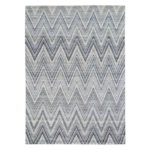 Ivory Chevron Design Textured Wool and Pure Silk Hand Knotted Modern Oriental Rug