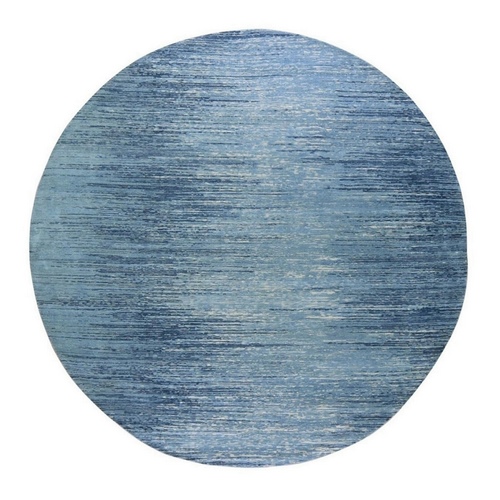 Blue Oceanic Zero Pile Pure Wool Horizontal Ombre Design Round Hand Knotted Oriental Rug