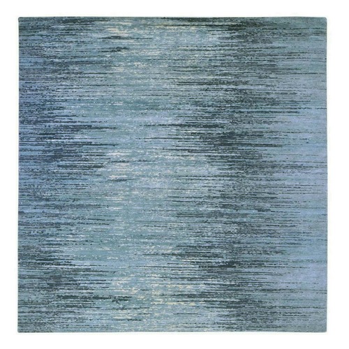 Pure Wool Horizontal Ombre Design Blue Oceanic Zero Pile Hand Knotted Square Oriental 