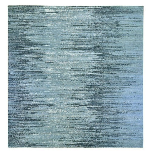 Pure Wool Horizontal Ombre Design Blue Oceanic Zero Pile Hand Knotted Square Oriental Rug