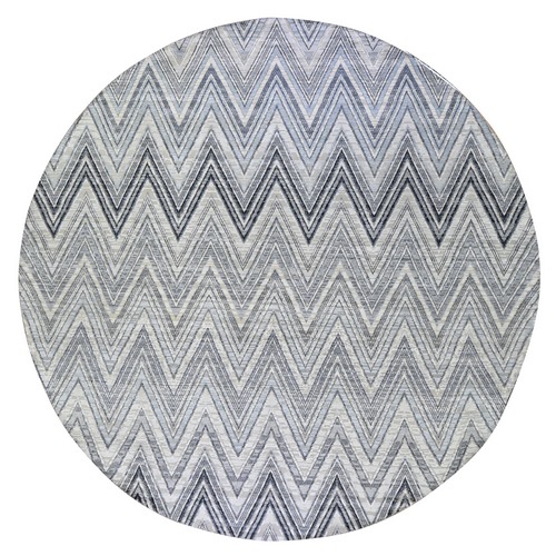 Gray-Blue Chevron Design Textured Wool and Pure Silk Hand Knotted Round Oriental 