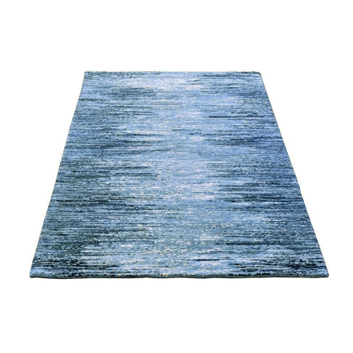 Blue Oceanic Zero Pile Pure Wool Horizontal Ombre Design Hand Knotted Scatter Size Oriental Rug