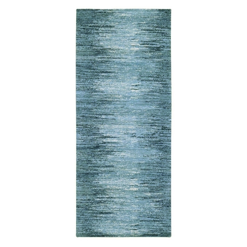 Horizontal Ombre Design Pure Wool Blue Oceanic Zero Pile Hand Knotted Oriental Rug