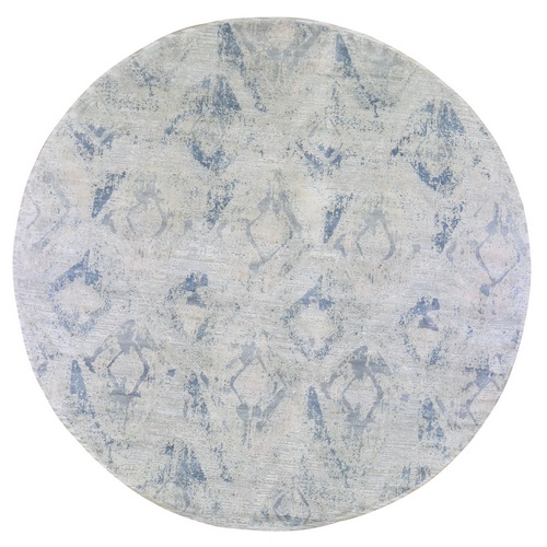 Hand Knotted Ivory Large Elements with Pastels Silk with Textured Wool Modern Round Oriental Rug