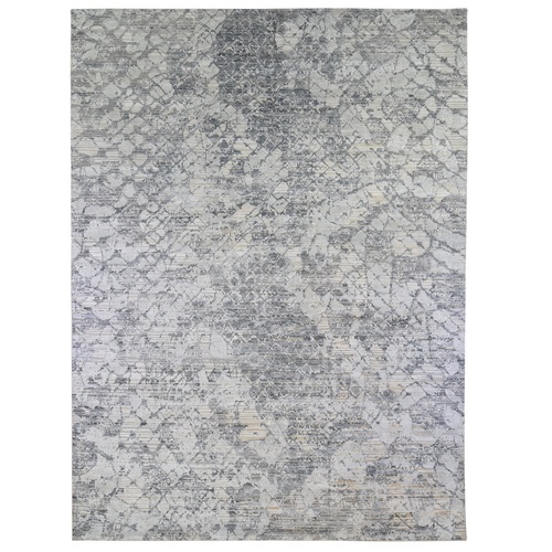 Pure Silk and Textured Wool Gray with Touches of Beige Hand Knotted Modern Design Oriental Rug