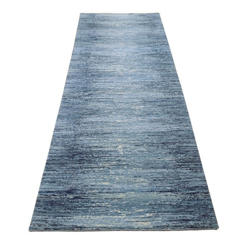 Horizontal Ombre Design Blue with Touches of Ivory Hand Knotted Zero Pile Pure Wool Only Oriental Runner Rug