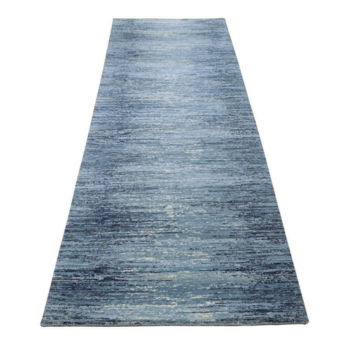 Hand Knotted Zero Pile Pure Wool Only Horizontal Ombre Design Blue with Touches of Ivory Oriental Runner Rug