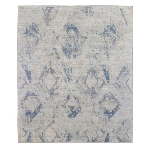 Silver Blue Silk with Textured Wool Modern Hand Knotted Large Elements with Pastels Oriental 