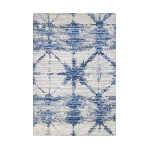 Blue and White Extremely Durable Modern Hand Knotted Pure Silk and Textured Wool Oriental 