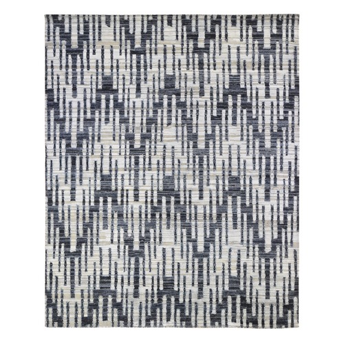 Zig Zag Design Black and White Pure Silk and Textured Wool Extremely Durable Oriental Rug