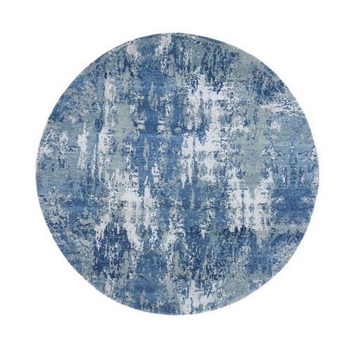 Hand Knotted Blue Abstract Design with Soft Colors Wool and Real Silk Oriental Round Rug