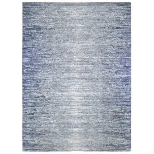 Horizontal Ombre Design Hand Knotted Denim Blue Wool and Pure Silk Oriental Rug