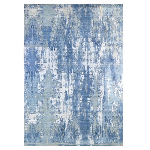 Hand Knotted Blue Abstract Design Wool and Real Silk Oriental 