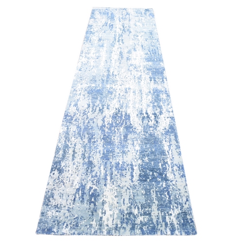Hand Knotted Denim Blue Abstract Design Wool and Real Silk Runner Oriental Rug