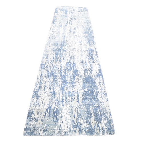 Hand Knotted Abstract Design Wool and Real Silk Denim Blue Runner Oriental 