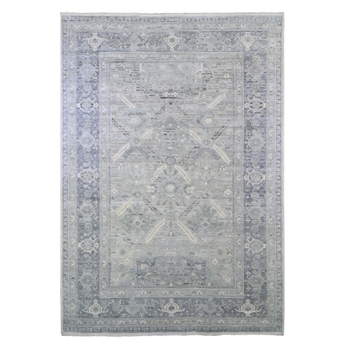 Silver Hand Knotted Pure Silk and Textured Wool Oushak with Geometric Motif Oriental Rug
