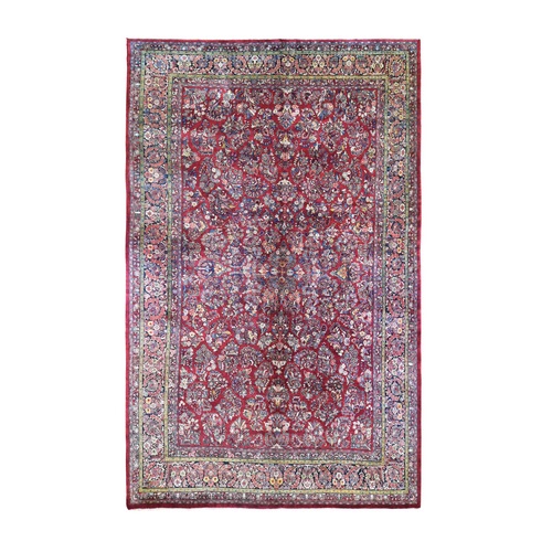 Red Oversized Antique Persian Sarouk Full Pile and Soft, Flower Bouquet Design Natural Wool Hand Knotted Clean Oriental 