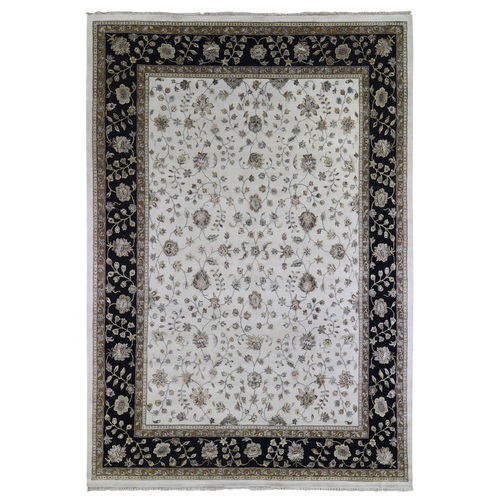 Ivory with a Black Border Half Wool and Half Silk Thick and Plush Rajasthan Hand Knotted Oriental 