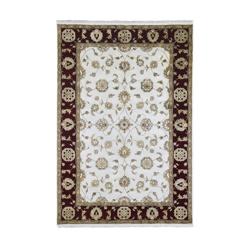 Ivory Rajasthan Half Wool and Half Silk Floral Design Thick and Plush Hand Knotted Oriental Rug