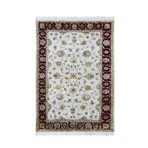 Ivory Rajasthan Half Wool and Half Silk Floral Design Thick and Plush Hand Knotted Oriental Rug