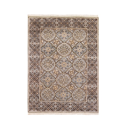 Textured Wool and Silk Mughal Inspired Medallions Design Hand Knotted Brown Oriental Rug
