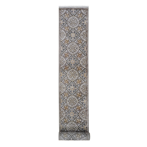Brown and Gray Textured Wool and Silk Mughal Inspired Medallions Design XL Runner Oriental Rug