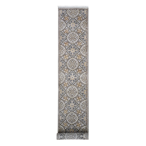 XL Runner Textured Wool and Silk Mughal Inspired Medallions Design Brown and Gray Oriental Rug