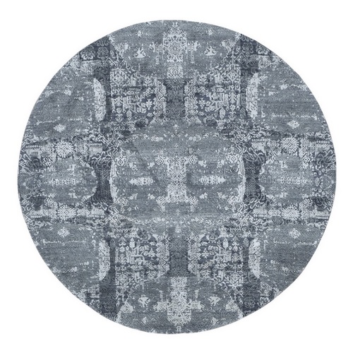 Gray Wool and Pure Silk Jewellery Design Hand Knotted Round Oriental Rug