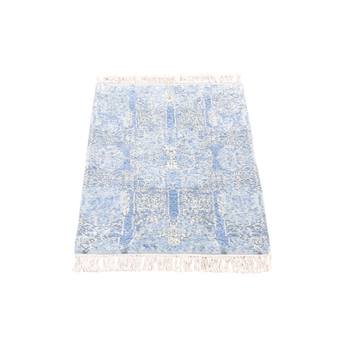 Jewellery Design with Soft Colors Hand Knotted Blue Wool and Pure Silk Oriental Mat Rug