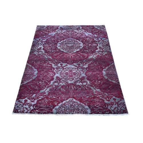 Nepali Wool and Silk Large Lotus Flower Design Hand Knotted Burgundy Red Oriental Rug