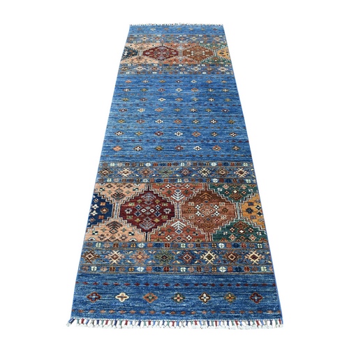 Denim Blue Super Kazak Khorjin Design With Colorful Tassels Hand Knotted Vibrant Wool Oriental Runner 