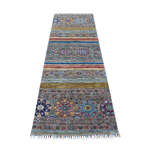 Gray Super Kazak Khorjin Design With Colorful Tassels Hand Knotted Vibrant Wool Oriental Runner 