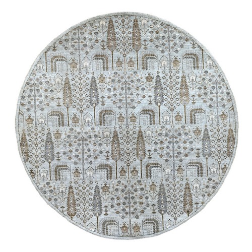 Gray Peshawar With Folk Art Cypress Tree Design Shiny Wool Round Hand Knotted Oriental 