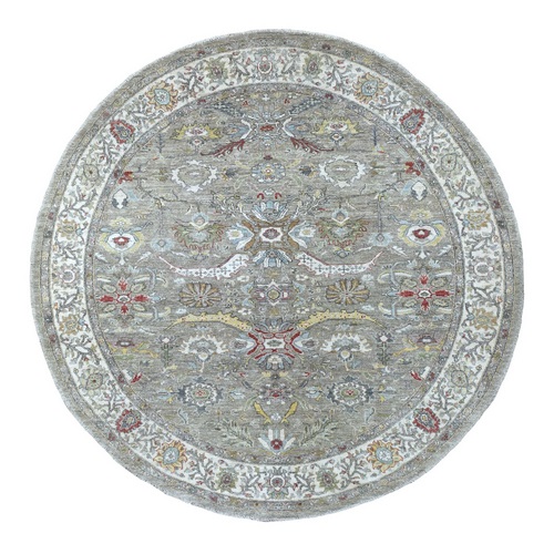 Gray Peshawar With Heriz Design Vibrant Wool Hand Knotted Oriental Round 