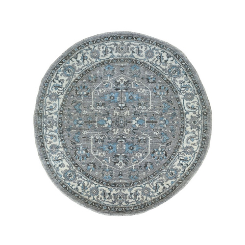 Gray Peshawar With Heriz Design lustrous wool Hand Knotted Oriental Round 