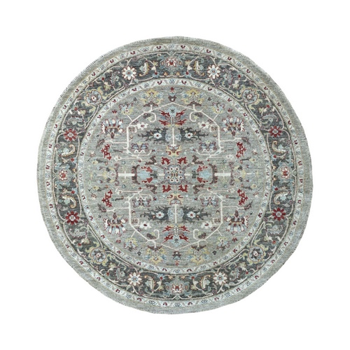 Gray Peshawar With Heriz Design Vibrant Wool Round Hand Knotted Oriental Rug