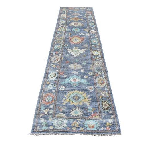 Denim Blue Angora Oushak With Large Colorful Motifs Hand Knotted Afghan Wool Oriental Runner 